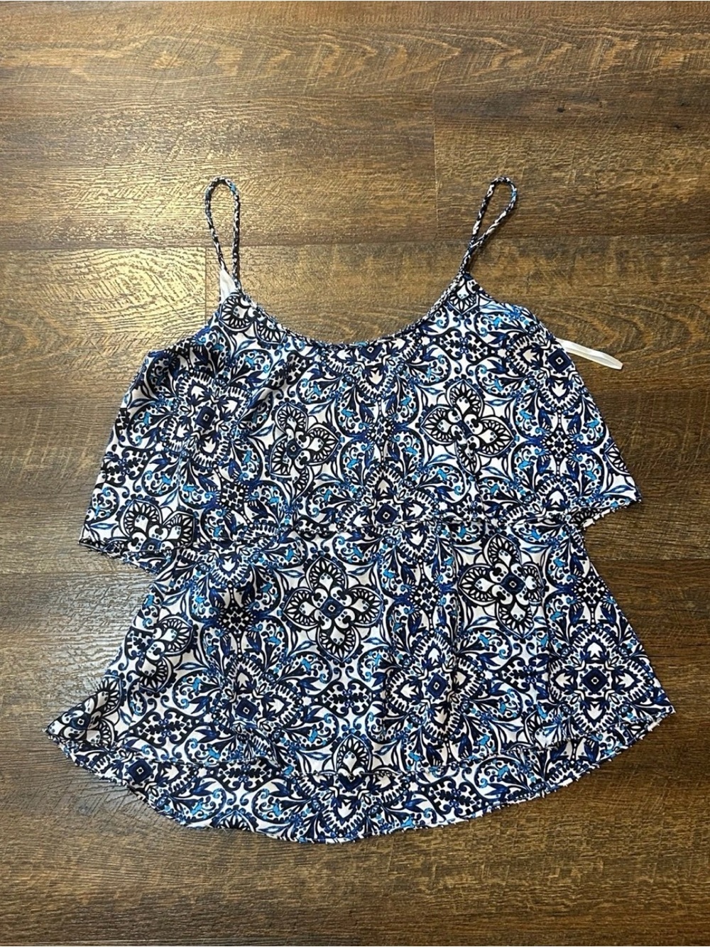 White House Black Market Blue & White Printed Spaghetti-Strap Tank Top